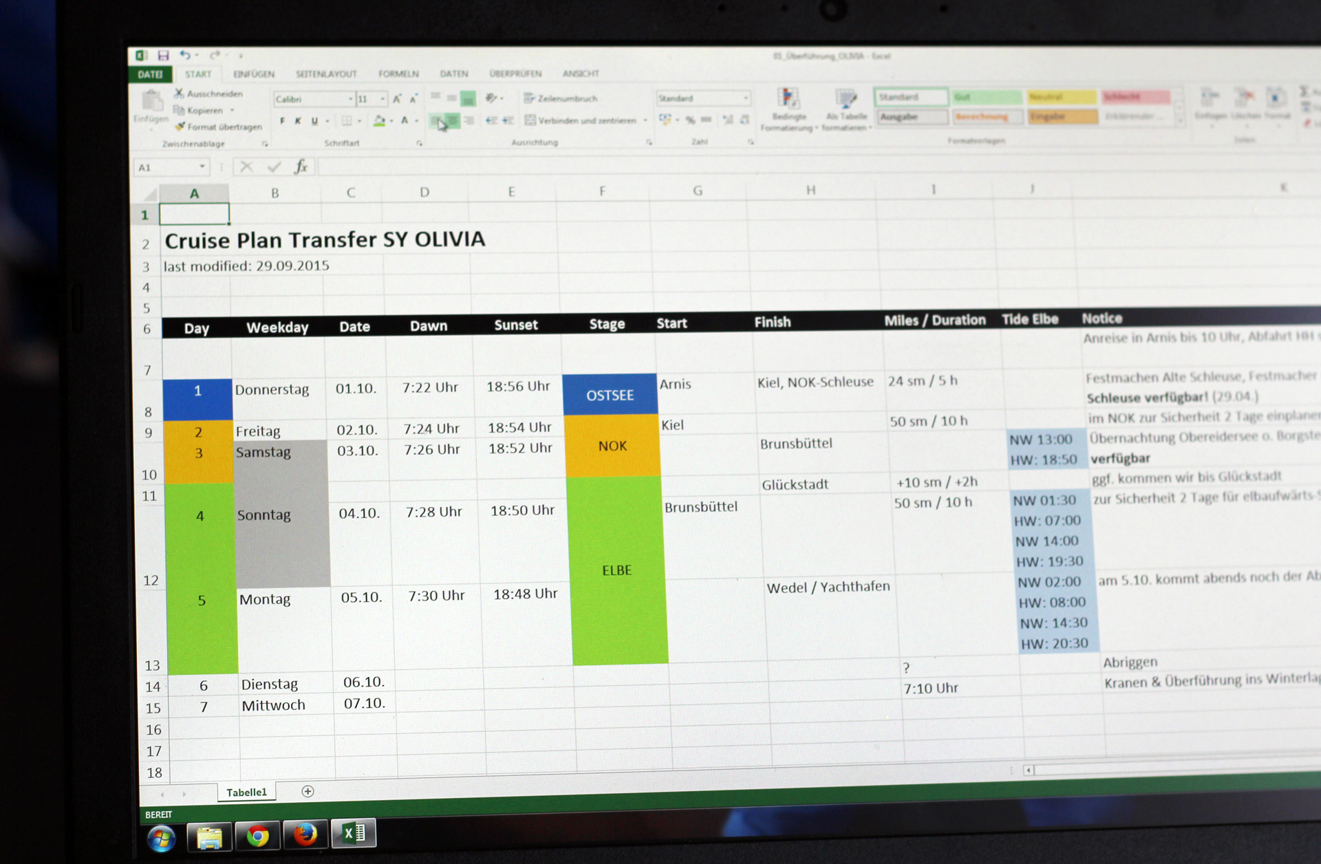 My cruise plan in Microsoft Excel - can be changed and altered with ease.